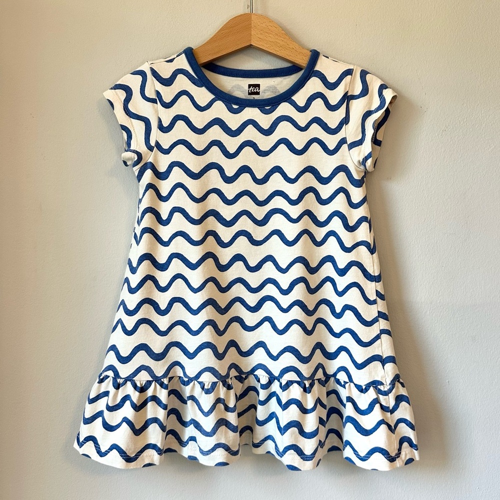 Tea Collection Blue Squiggle White Ruffle Drop Waist T-Shirt Dress Size 3